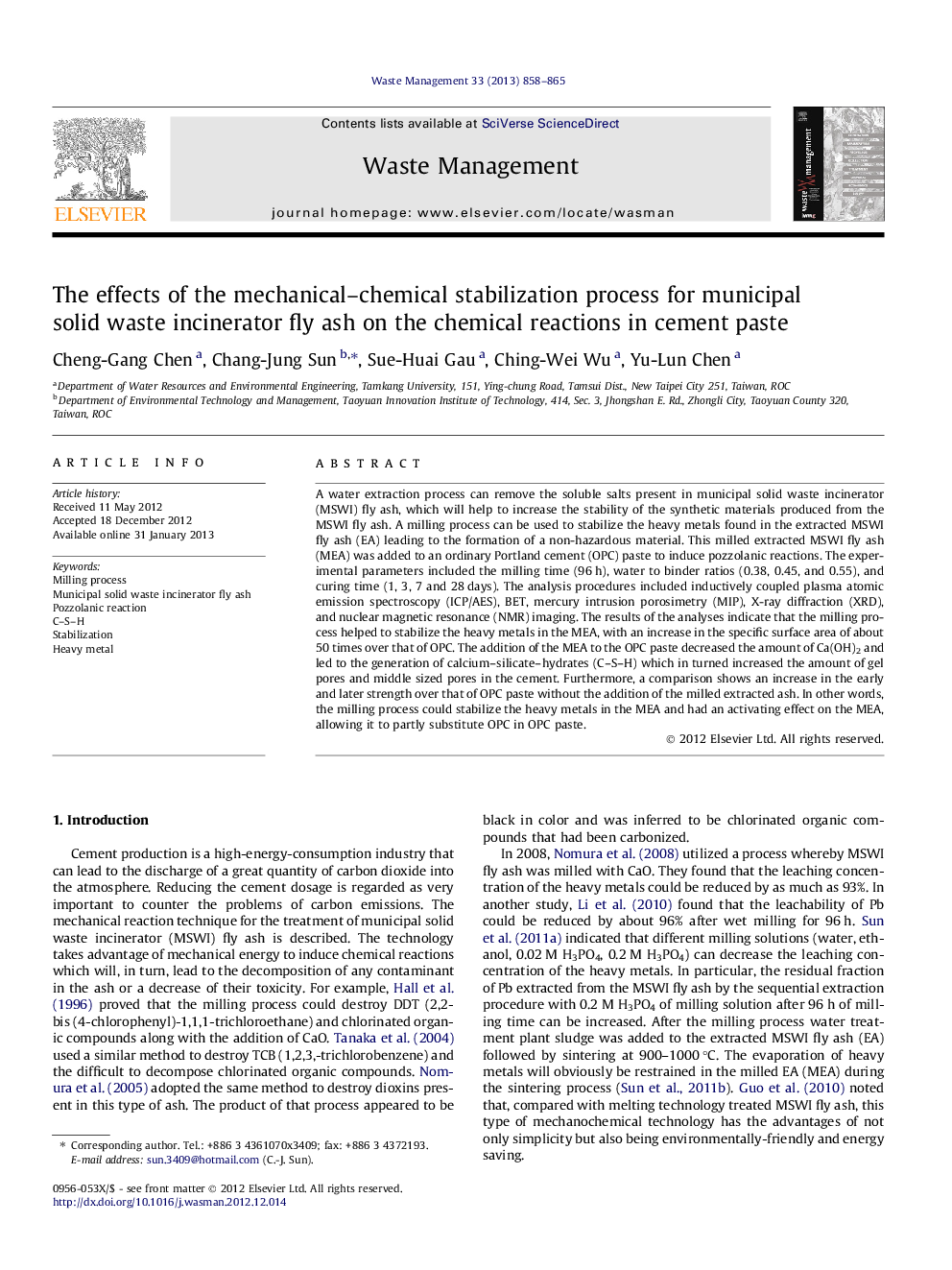 The effects of the mechanical–chemical stabilization process for municipal solid waste incinerator fly ash on the chemical reactions in cement paste