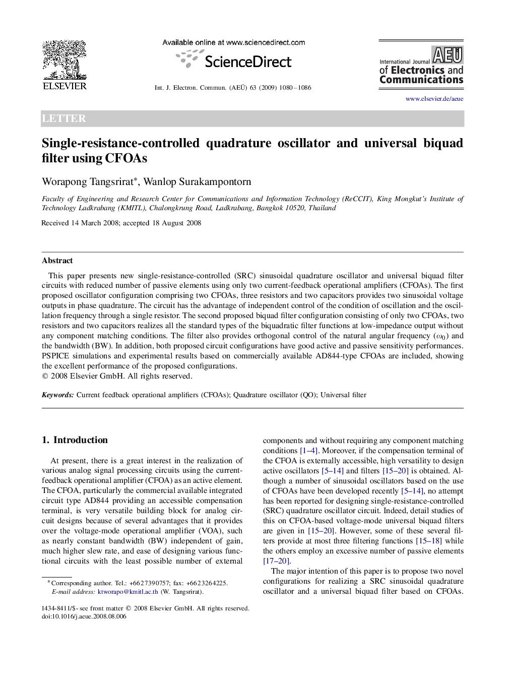 Single-resistance-controlled quadrature oscillator and universal biquad filter using CFOAs