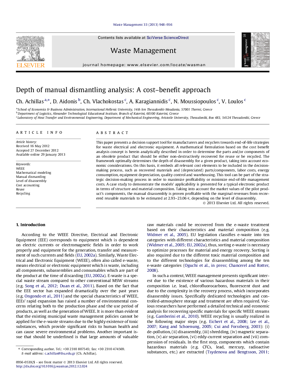 عکس صفحه اول مقاله: Depth of manual dismantling analysis: A cost–benefit approach Depth of manual dismantling analysis: A cost–benefit approach