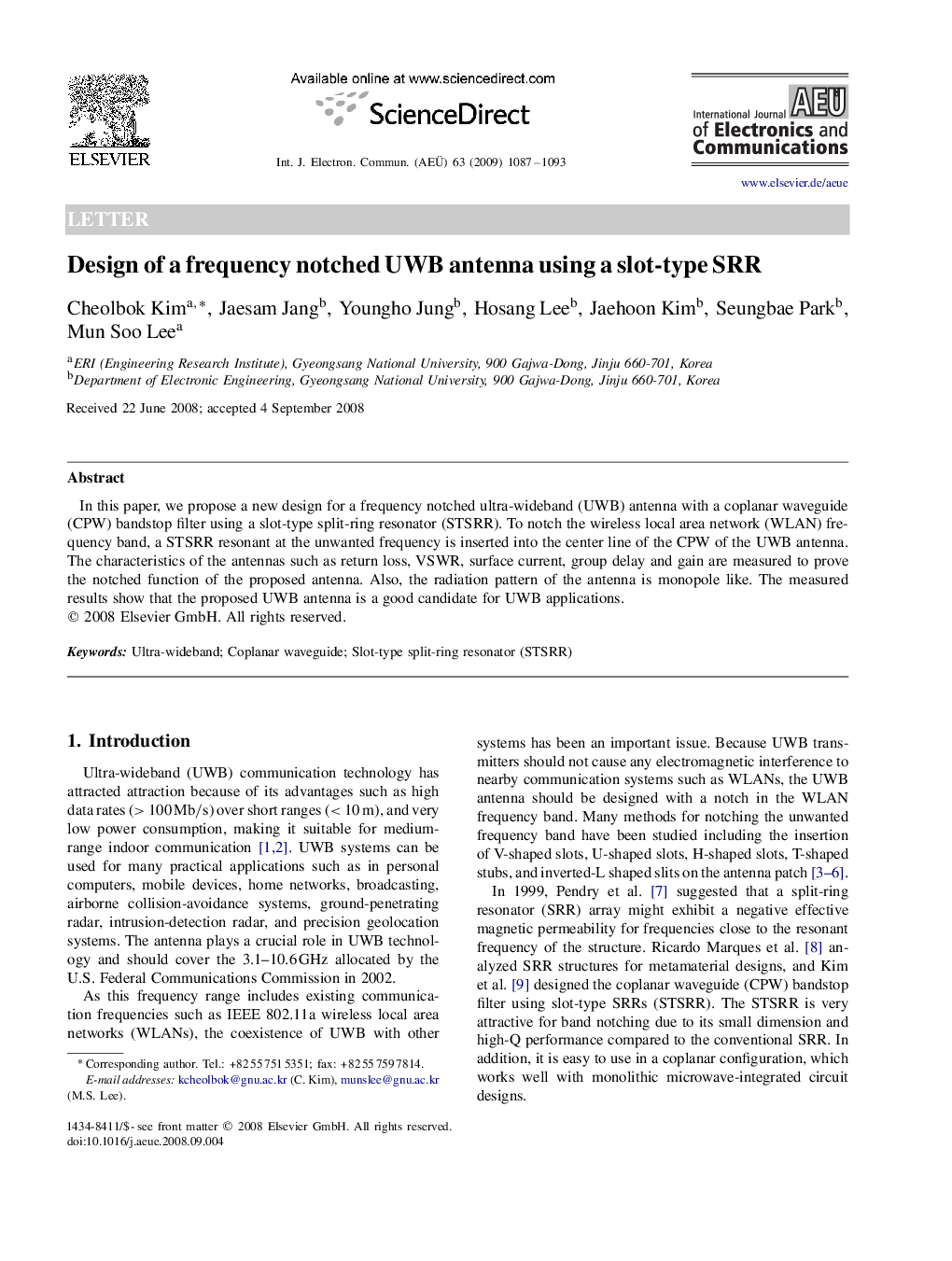 Design of a frequency notched UWB antenna using a slot-type SRR