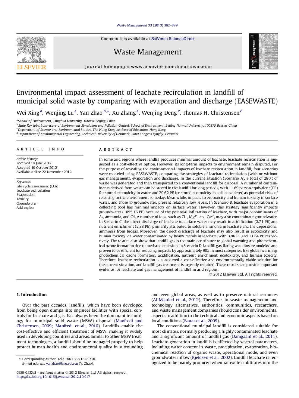 Environmental impact assessment of leachate recirculation in landfill of municipal solid waste by comparing with evaporation and discharge (EASEWASTE)