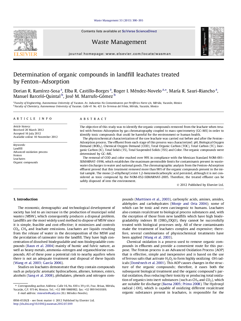 Determination of organic compounds in landfill leachates treated by Fenton–Adsorption