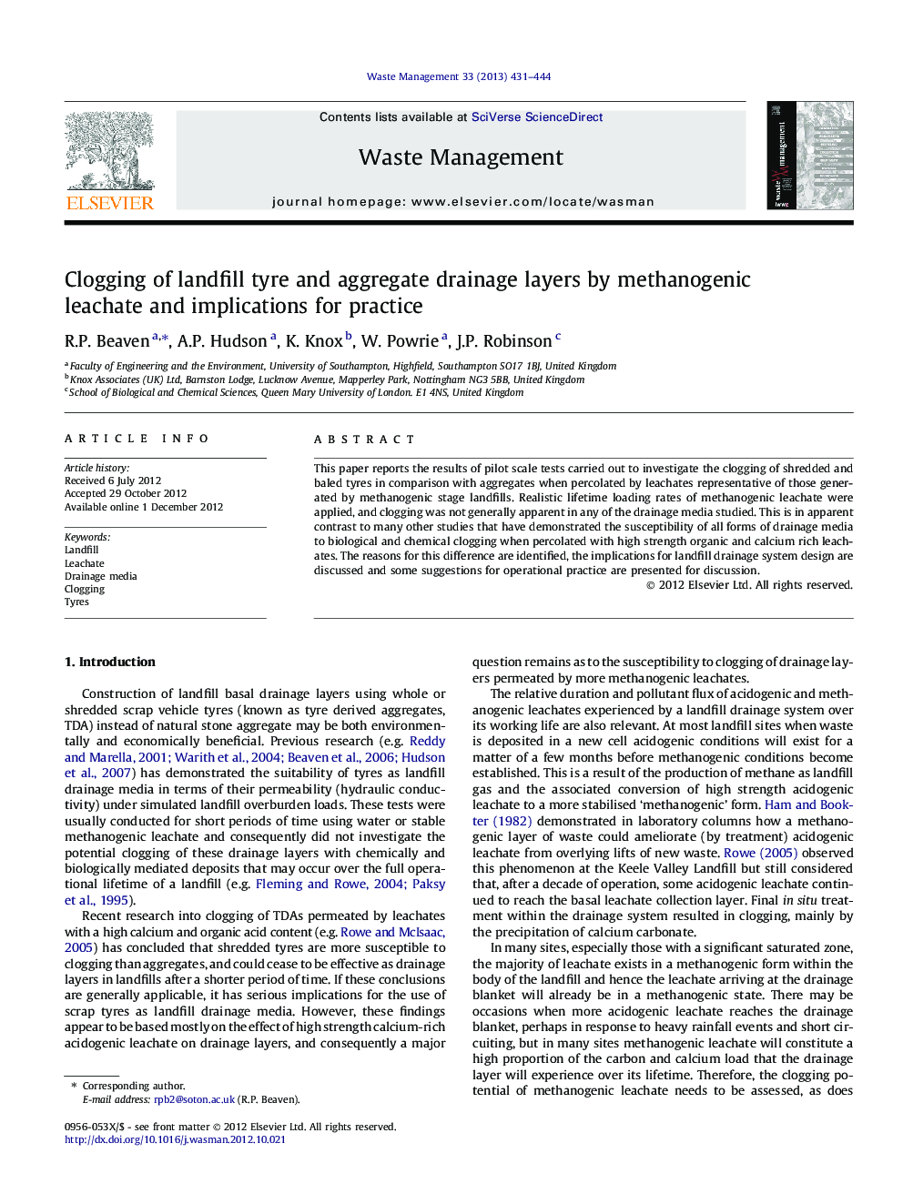 Clogging of landfill tyre and aggregate drainage layers by methanogenic leachate and implications for practice