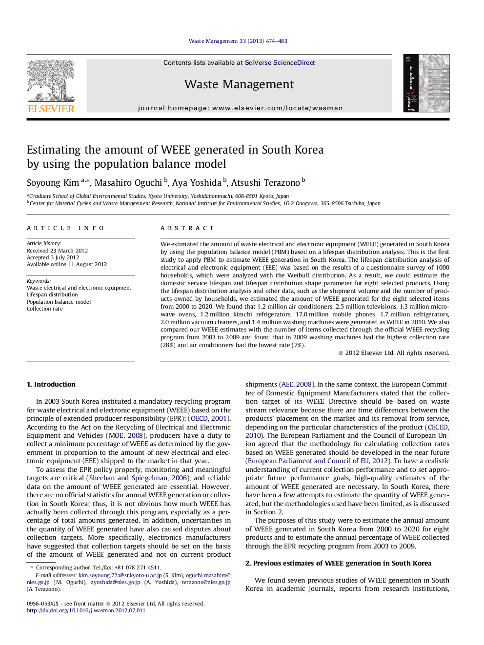 Estimating the amount of WEEE generated in South Korea by using the population balance model