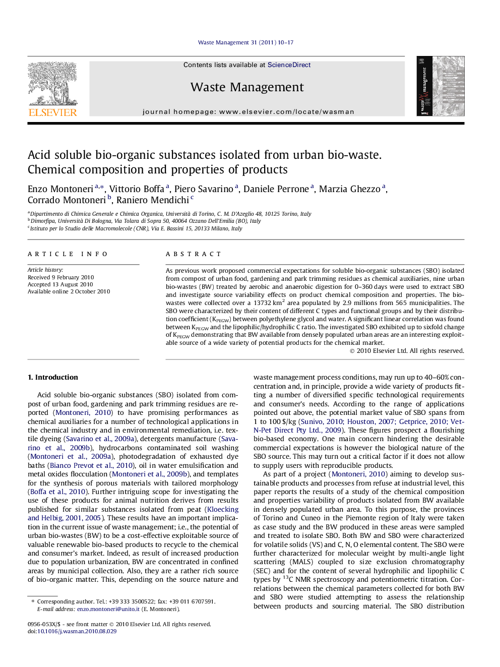 Acid soluble bio-organic substances isolated from urban bio-waste. Chemical composition and properties of products
