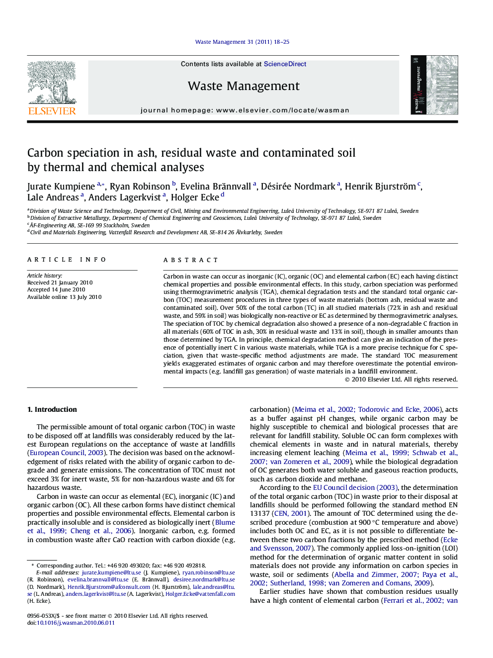 Carbon speciation in ash, residual waste and contaminated soil by thermal and chemical analyses