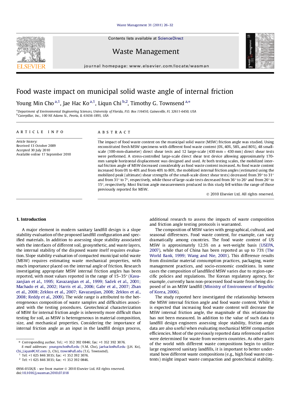 Food waste impact on municipal solid waste angle of internal friction