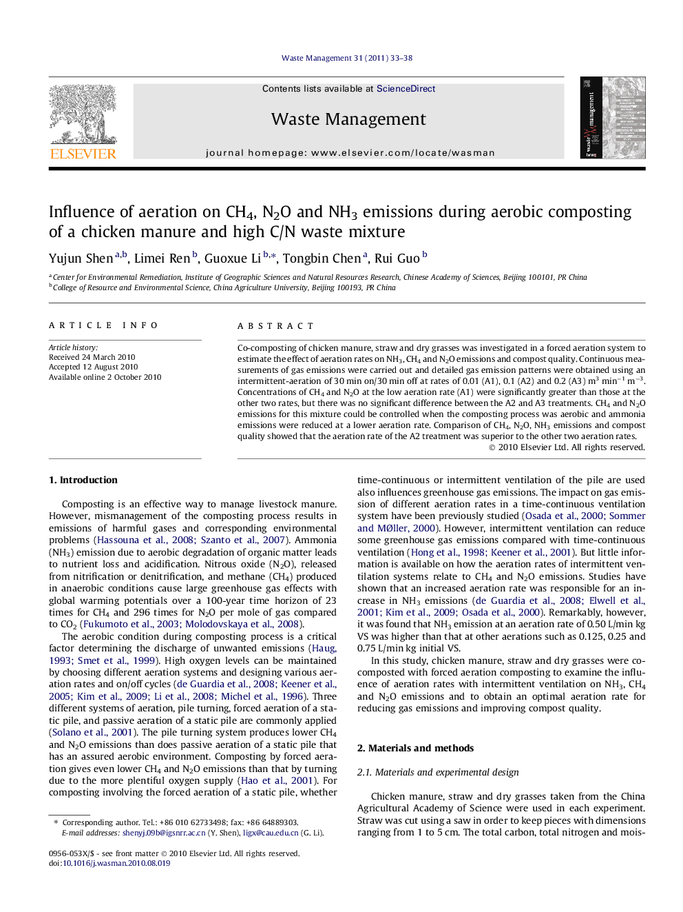 Influence of aeration on CH4, N2O and NH3 emissions during aerobic composting of a chicken manure and high C/N waste mixture