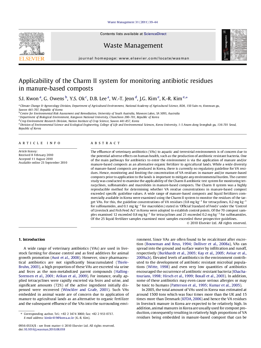 Applicability of the Charm II system for monitoring antibiotic residues in manure-based composts