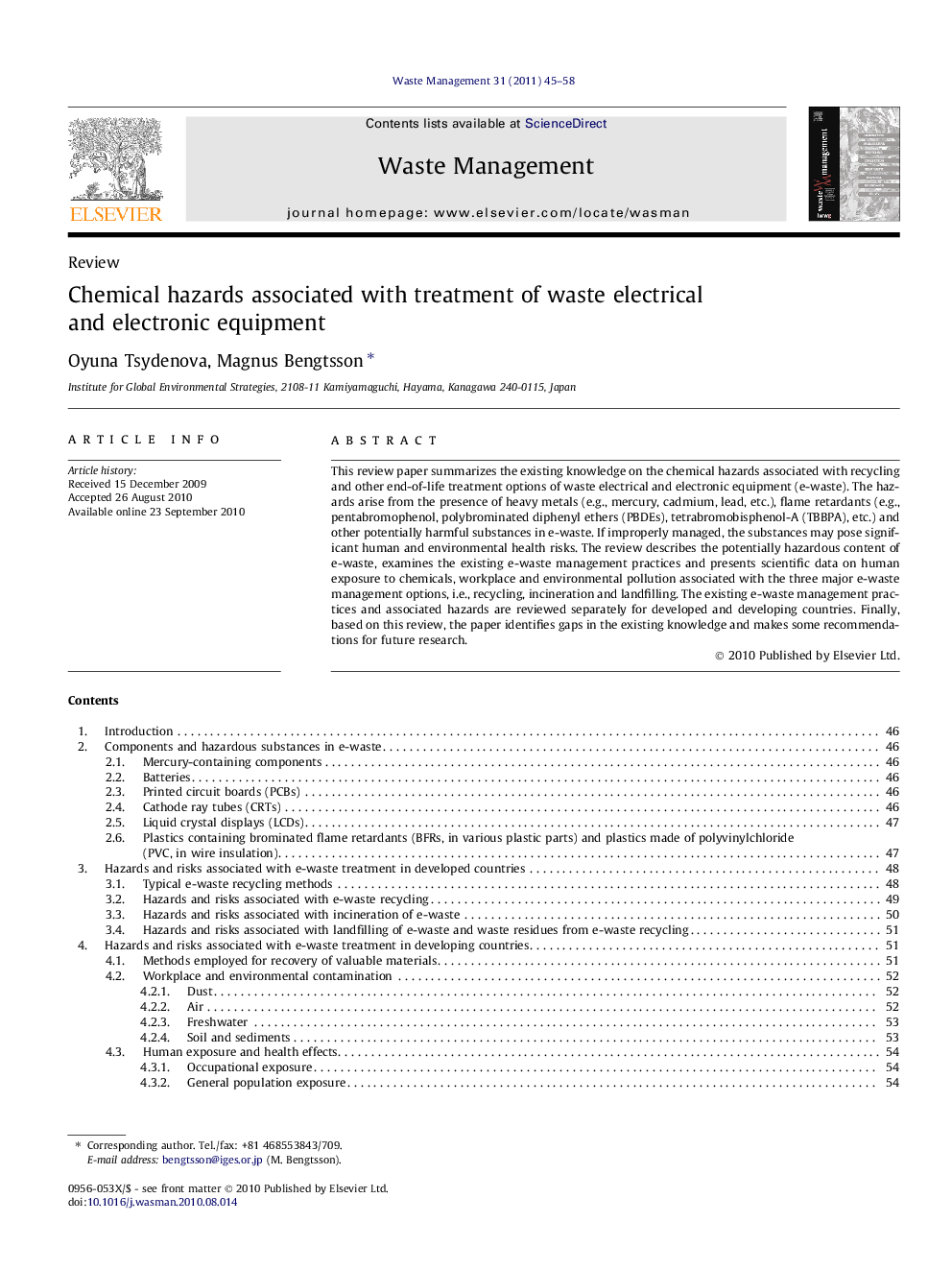 Chemical hazards associated with treatment of waste electrical and electronic equipment