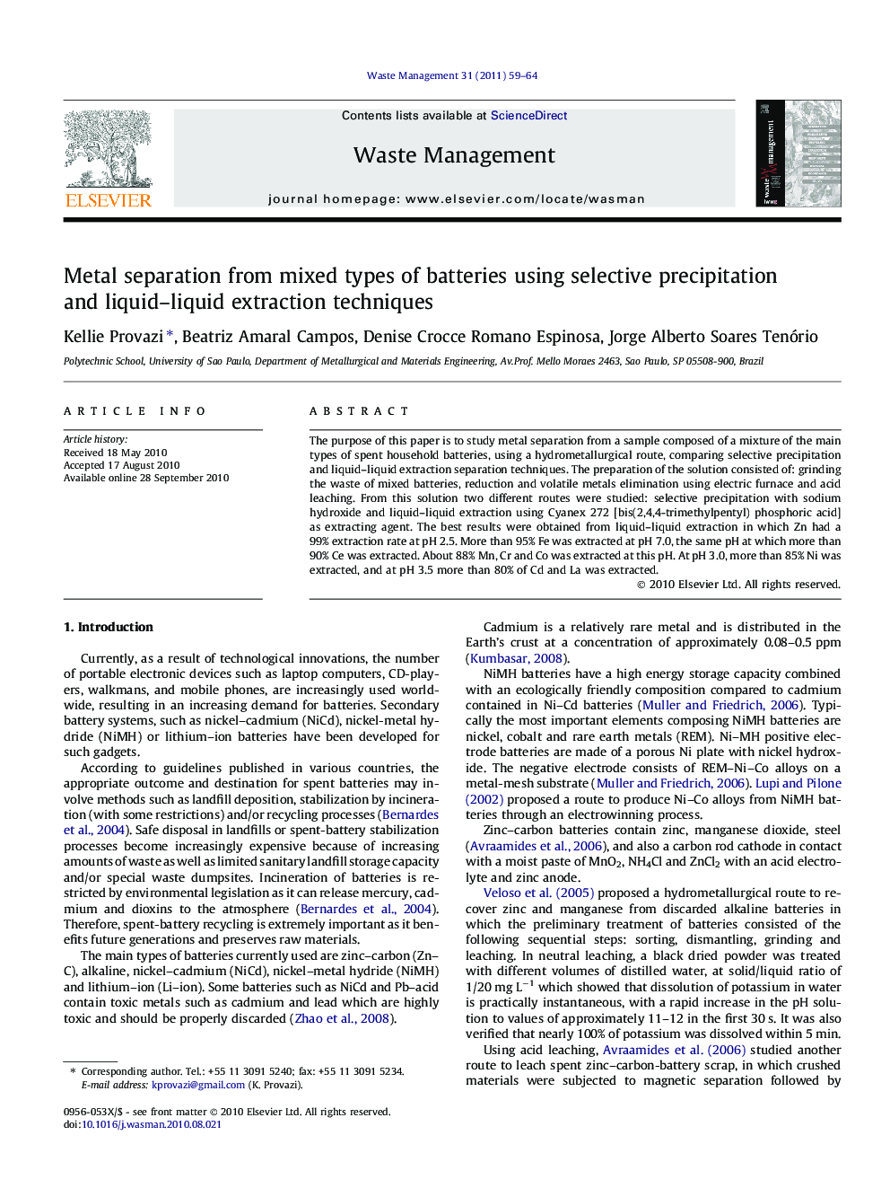 Metal separation from mixed types of batteries using selective precipitation and liquid–liquid extraction techniques