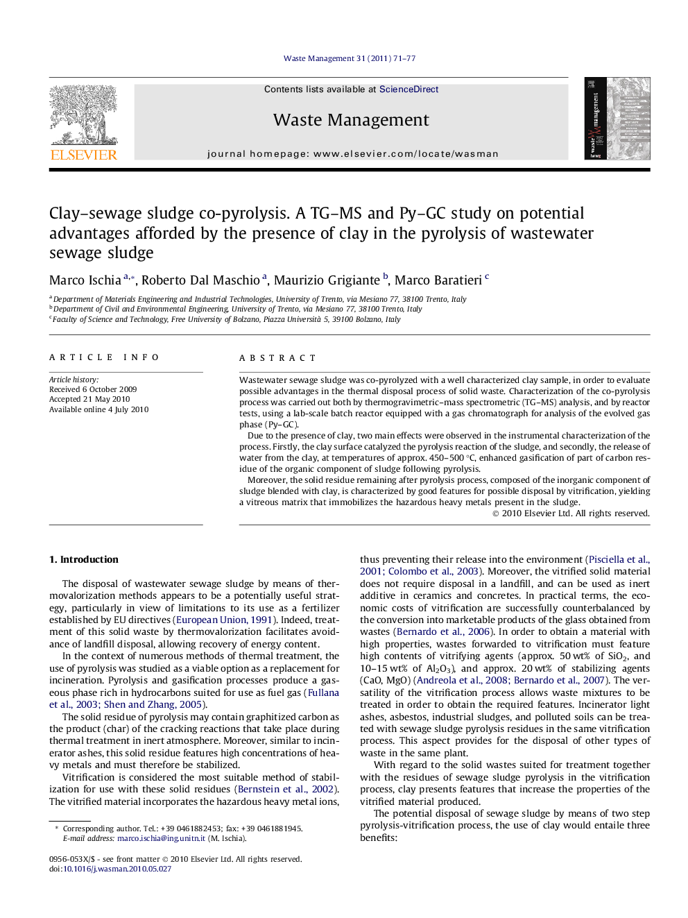 Clay–sewage sludge co-pyrolysis. A TG–MS and Py–GC study on potential advantages afforded by the presence of clay in the pyrolysis of wastewater sewage sludge