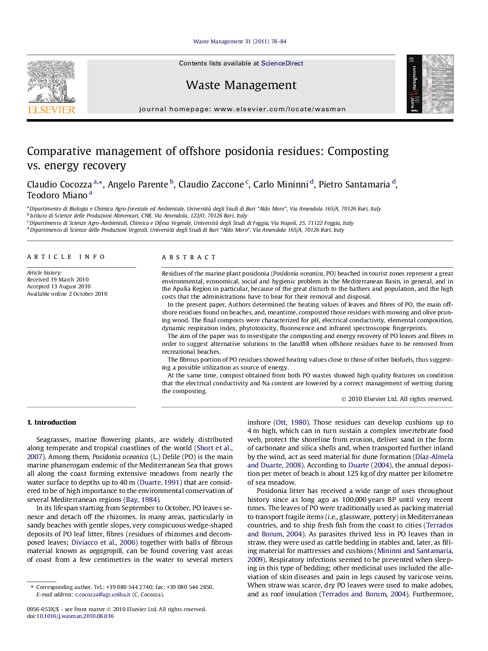 Comparative management of offshore posidonia residues: Composting vs. energy recovery