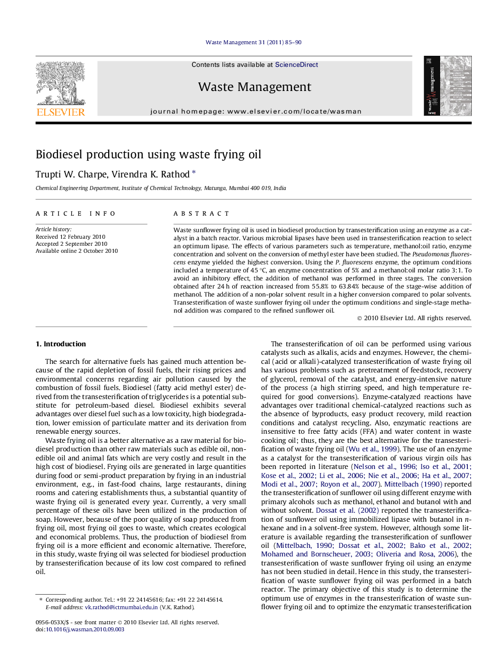 عکس صفحه اول مقاله: Biodiesel production using waste frying oil Biodiesel production using waste frying oil
