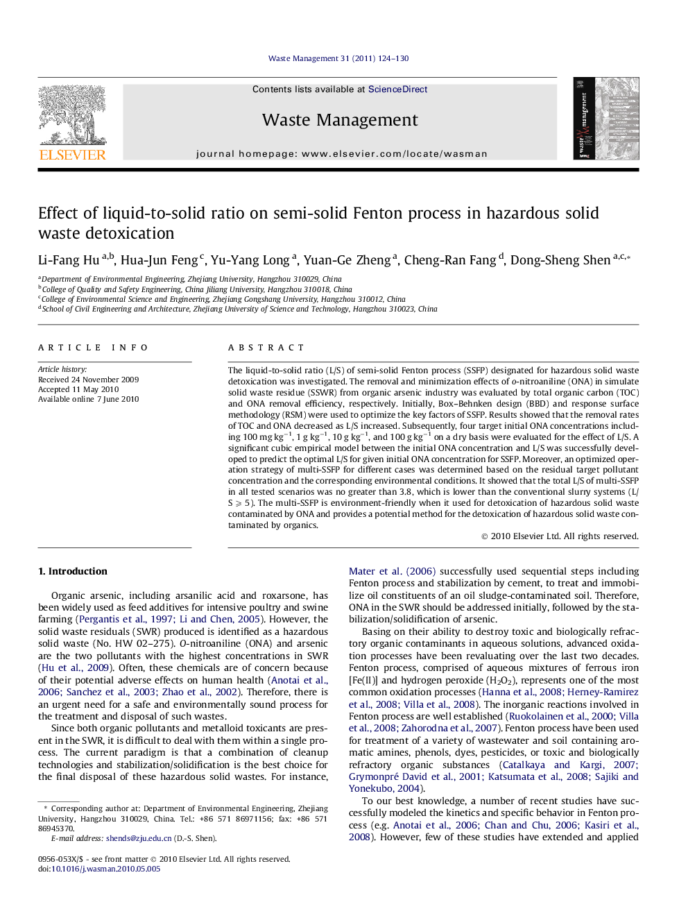 Effect of liquid-to-solid ratio on semi-solid Fenton process in hazardous solid waste detoxication