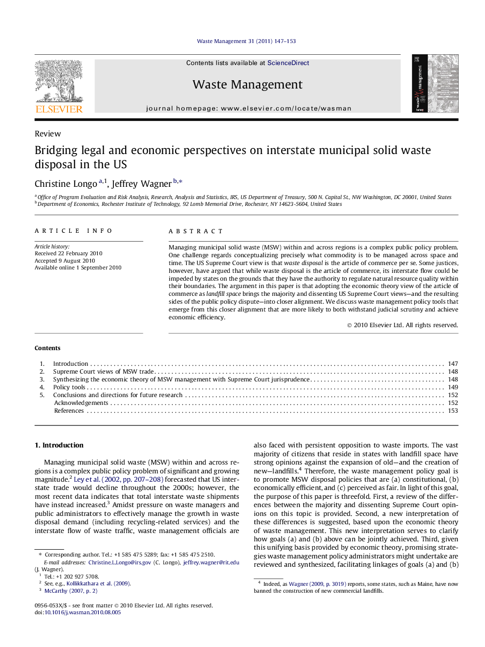 Bridging legal and economic perspectives on interstate municipal solid waste disposal in the US