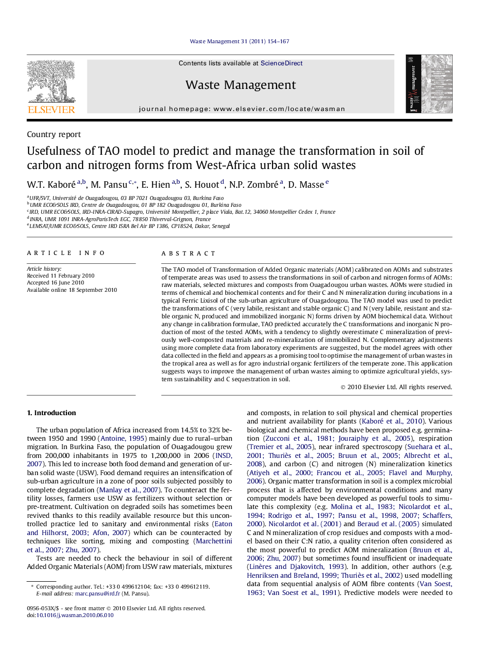 Usefulness of TAO model to predict and manage the transformation in soil of carbon and nitrogen forms from West-Africa urban solid wastes