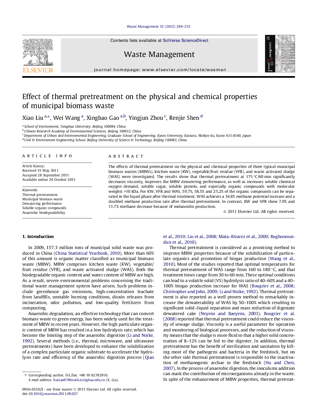 Effect of thermal pretreatment on the physical and chemical properties of municipal biomass waste