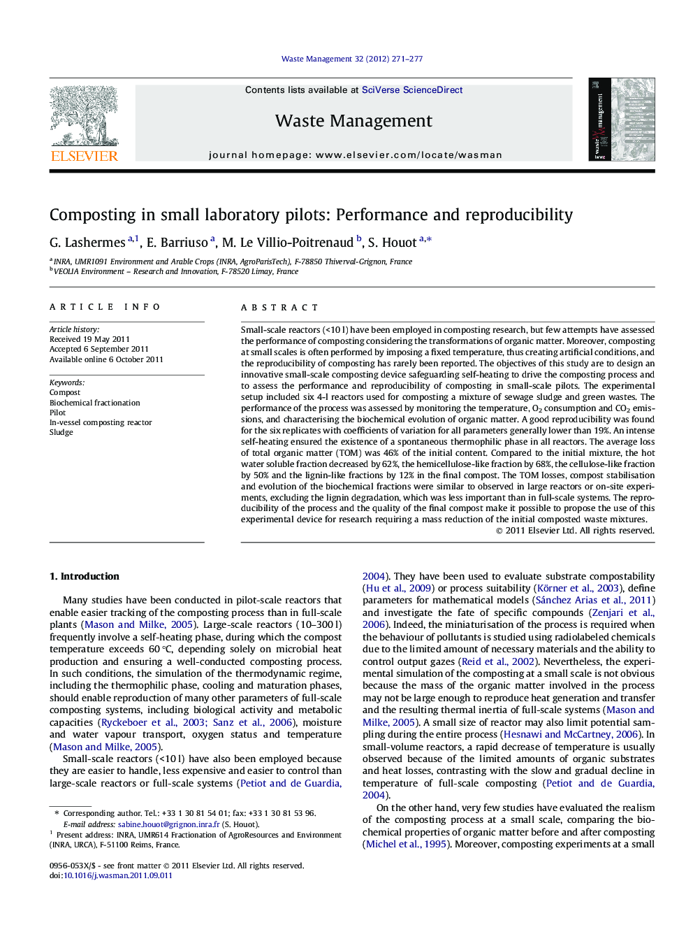 Composting in small laboratory pilots: Performance and reproducibility