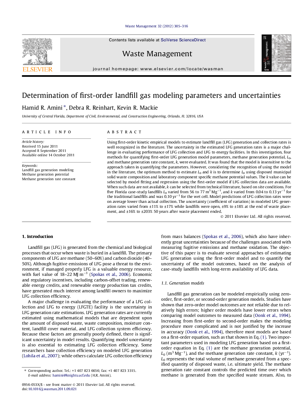 Determination of first-order landfill gas modeling parameters and uncertainties