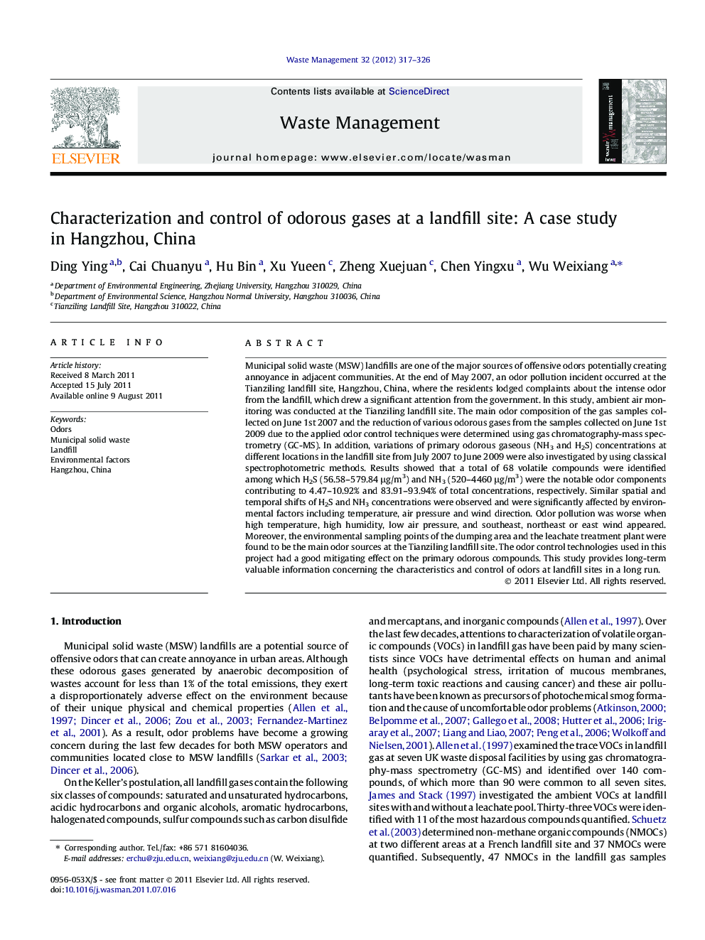 Characterization and control of odorous gases at a landfill site: A case study in Hangzhou, China