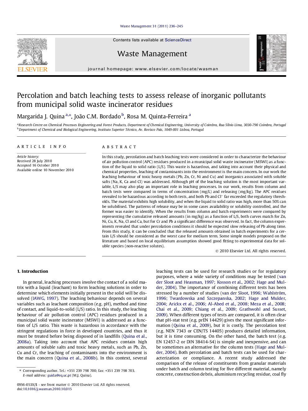 Percolation and batch leaching tests to assess release of inorganic pollutants from municipal solid waste incinerator residues