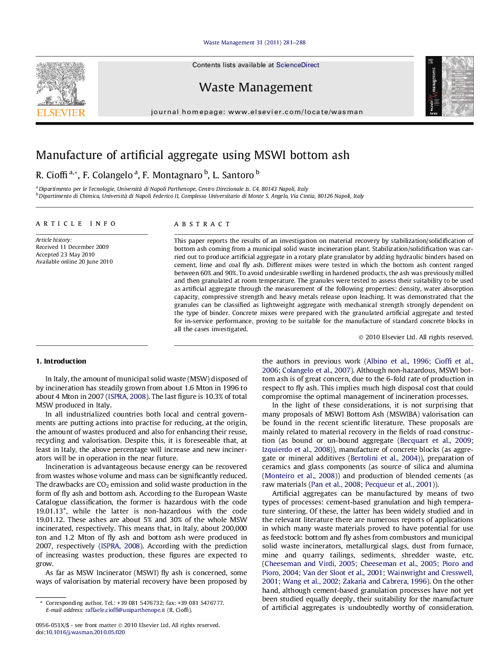 Manufacture of artificial aggregate using MSWI bottom ash