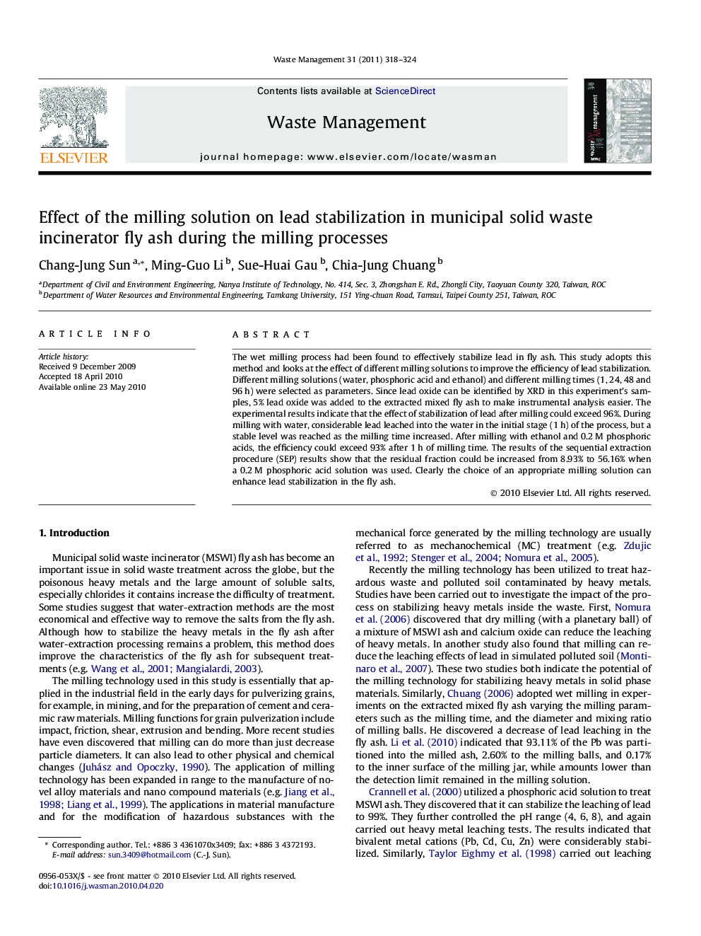 Effect of the milling solution on lead stabilization in municipal solid waste incinerator fly ash during the milling processes