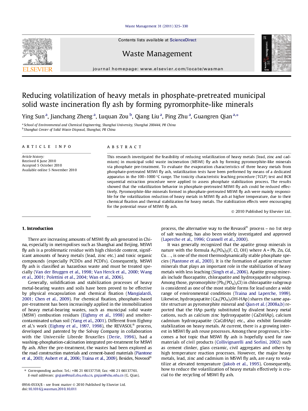 Reducing volatilization of heavy metals in phosphate-pretreated municipal solid waste incineration fly ash by forming pyromorphite-like minerals