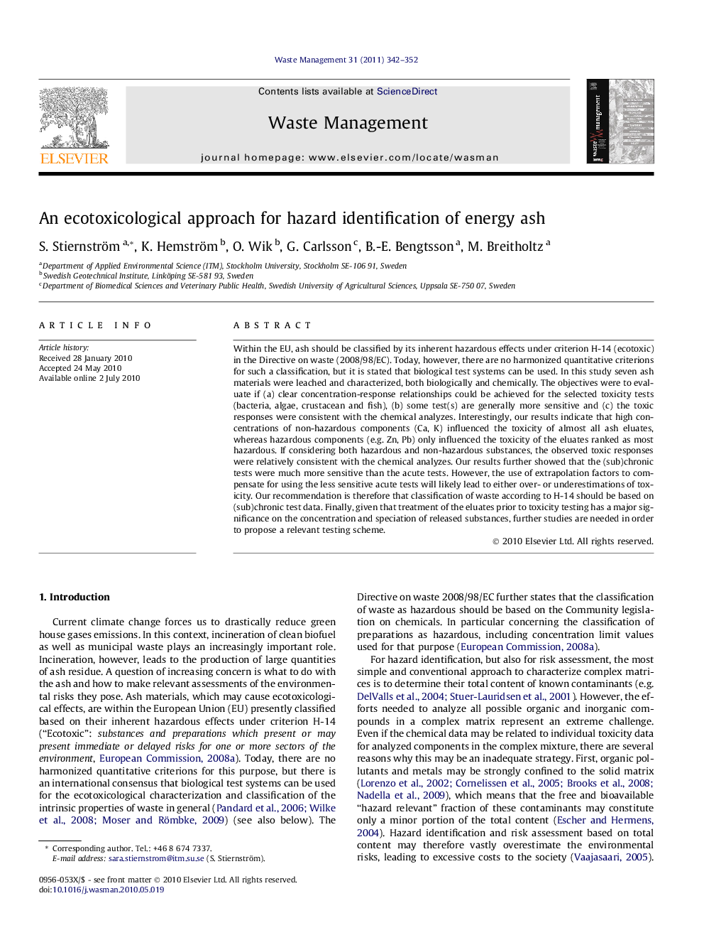 An ecotoxicological approach for hazard identification of energy ash