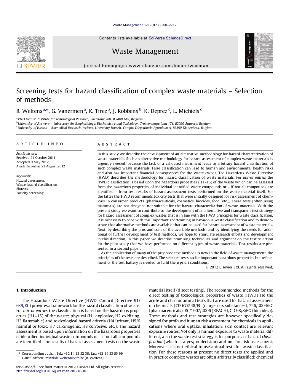 Screening tests for hazard classification of complex waste materials – Selection of methods