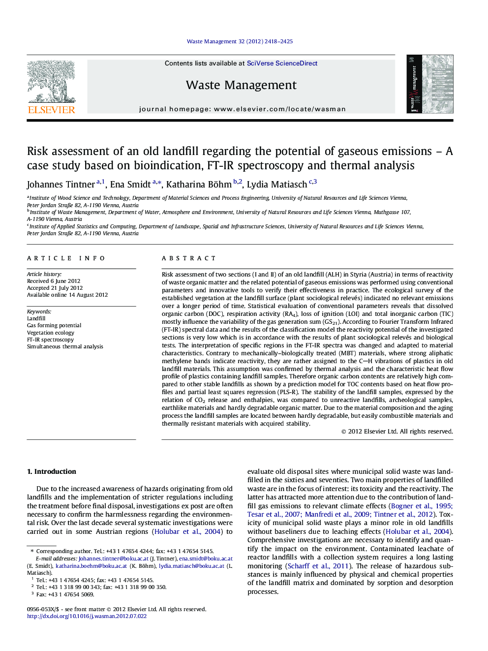 Risk assessment of an old landfill regarding the potential of gaseous emissions – A case study based on bioindication, FT-IR spectroscopy and thermal analysis