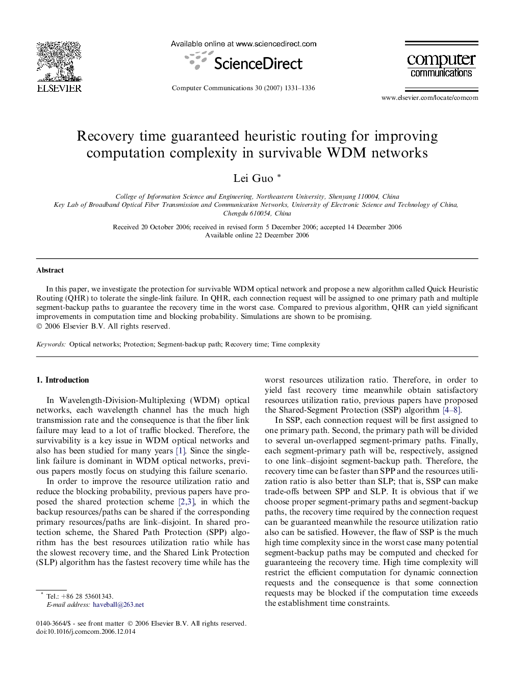 Recovery time guaranteed heuristic routing for improving computation complexity in survivable WDM networks