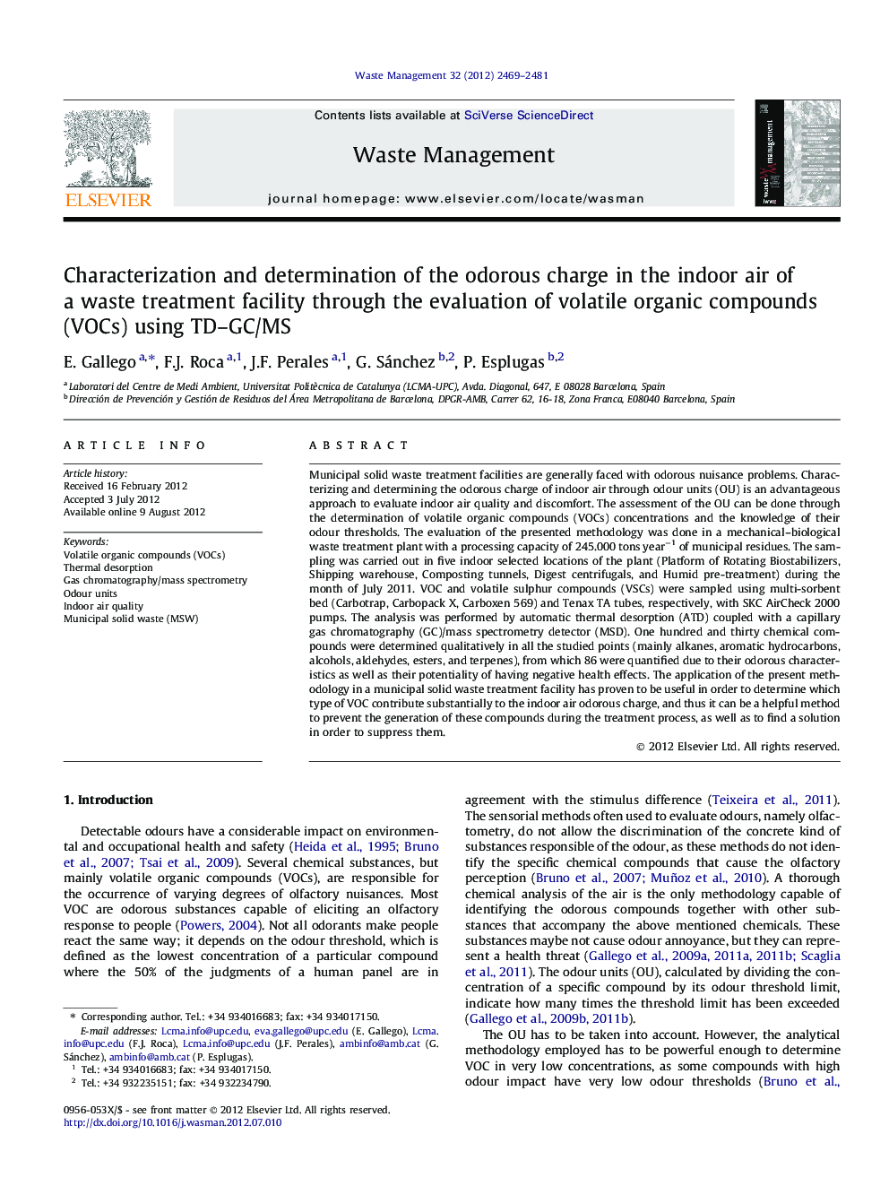 Characterization and determination of the odorous charge in the indoor air of a waste treatment facility through the evaluation of volatile organic compounds (VOCs) using TD–GC/MS