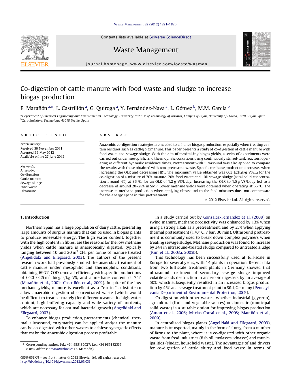 Co-digestion of cattle manure with food waste and sludge to increase biogas production