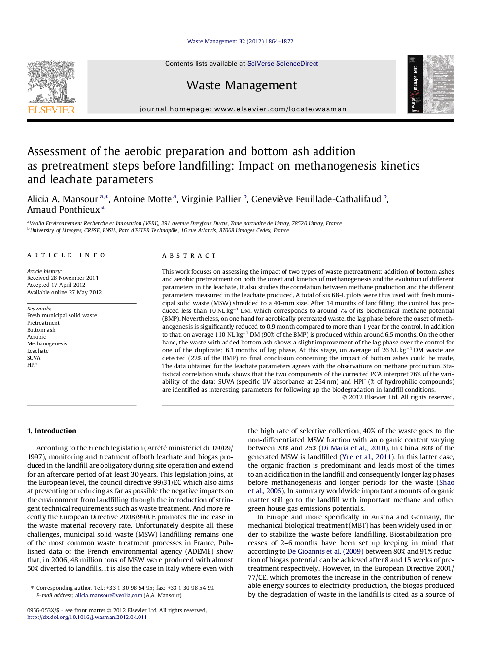 Assessment of the aerobic preparation and bottom ash addition as pretreatment steps before landfilling: Impact on methanogenesis kinetics and leachate parameters