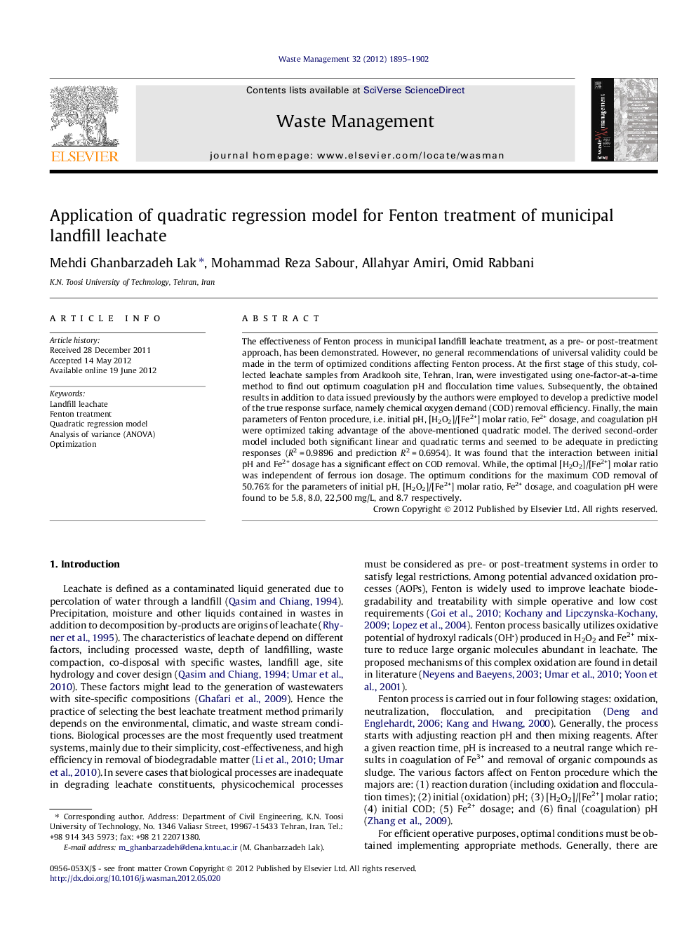 Application of quadratic regression model for Fenton treatment of municipal landfill leachate