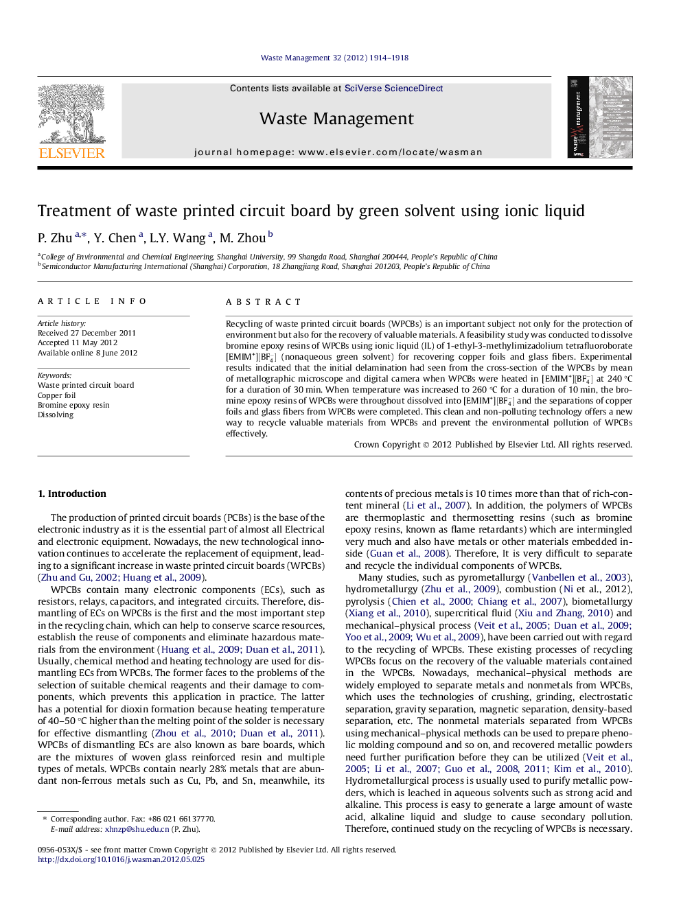 Treatment of waste printed circuit board by green solvent using ionic liquid