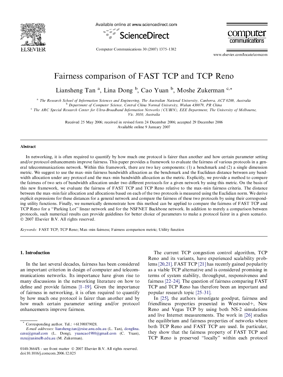 Fairness comparison of FAST TCP and TCP Reno