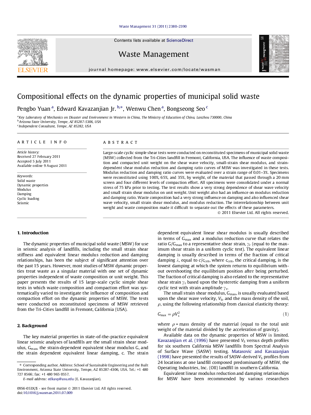 Compositional effects on the dynamic properties of municipal solid waste