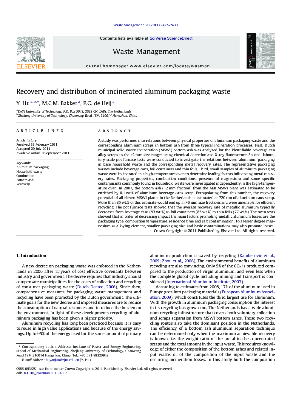 Recovery and distribution of incinerated aluminum packaging waste