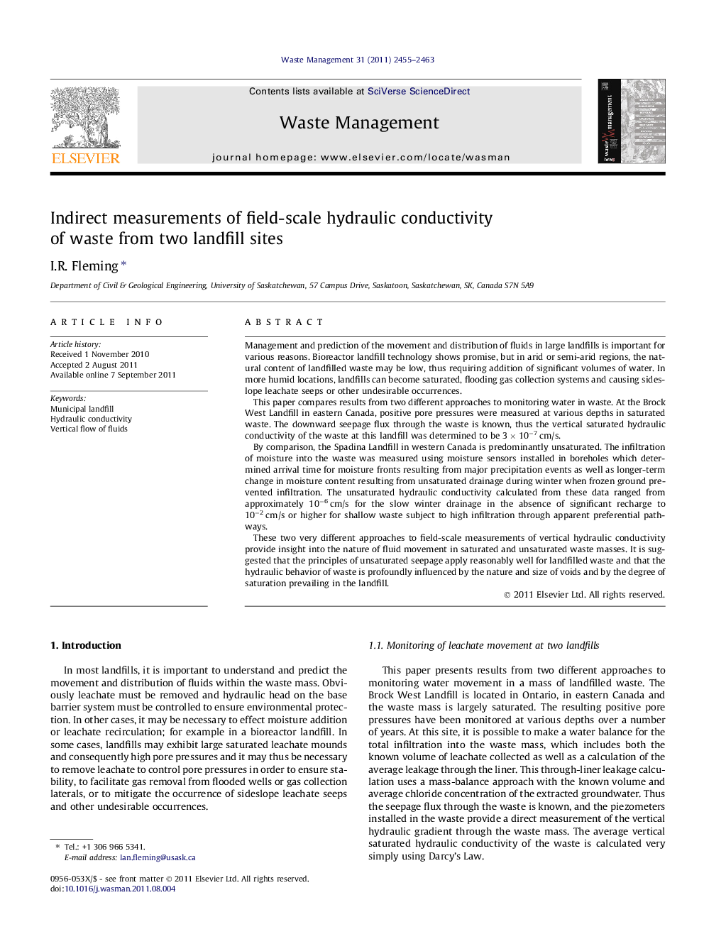 Indirect measurements of field-scale hydraulic conductivity of waste from two landfill sites