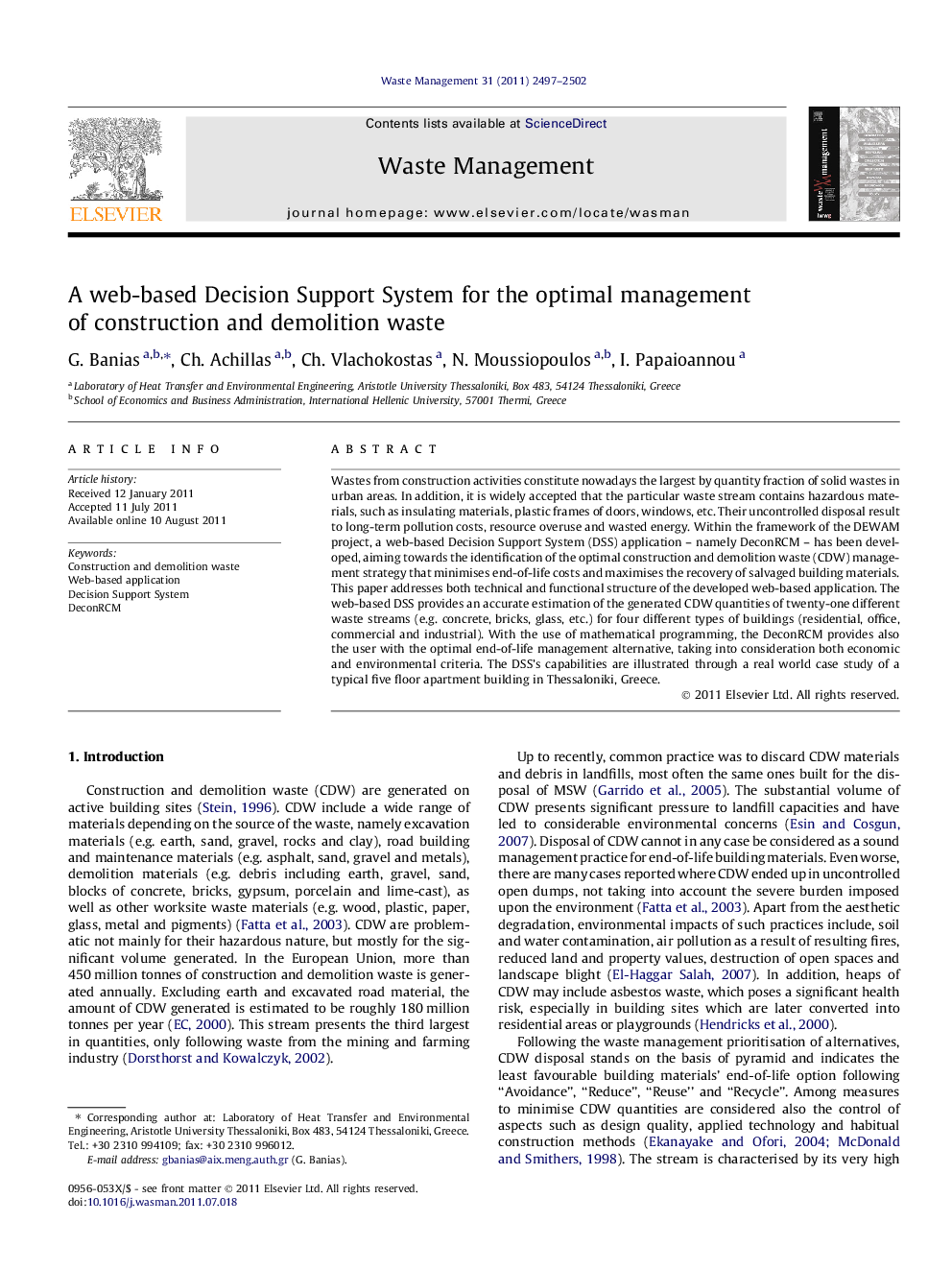 A web-based Decision Support System for the optimal management of construction and demolition waste