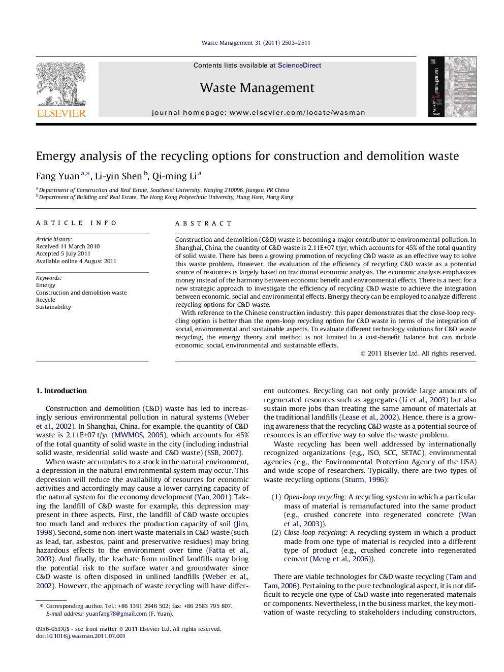 Emergy analysis of the recycling options for construction and demolition waste