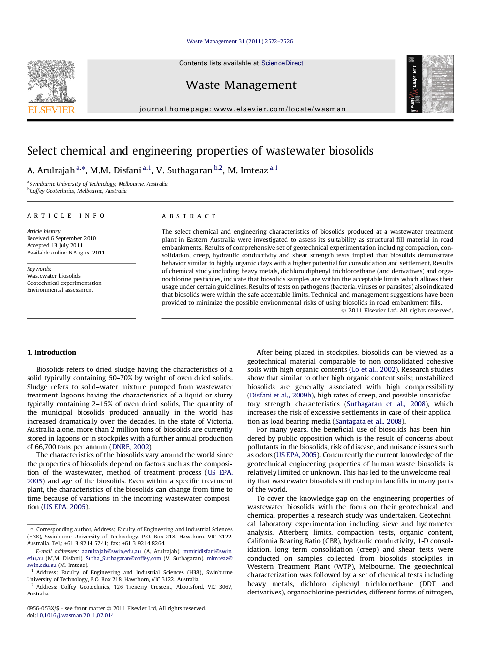 Select chemical and engineering properties of wastewater biosolids