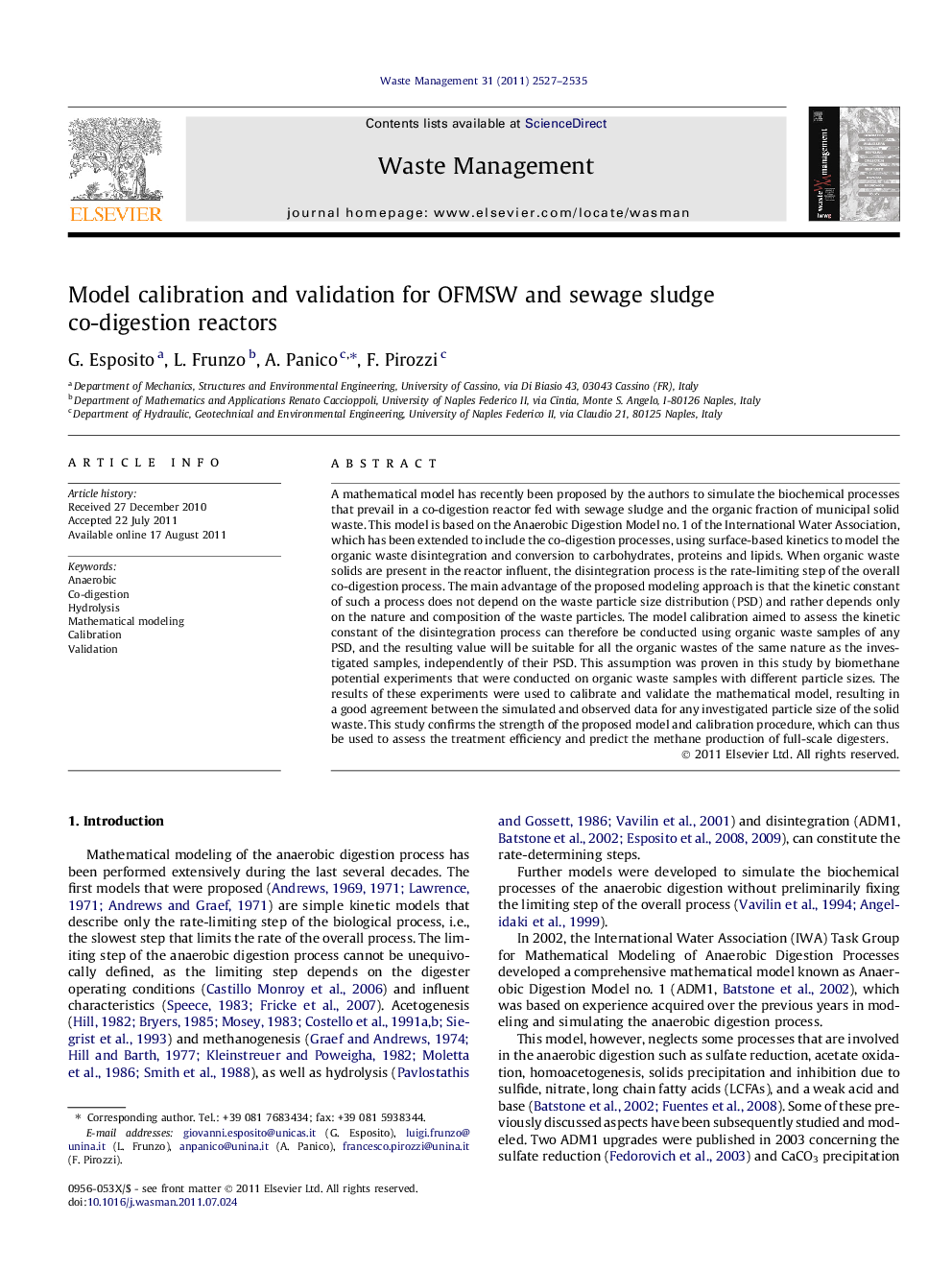 Model calibration and validation for OFMSW and sewage sludge co-digestion reactors