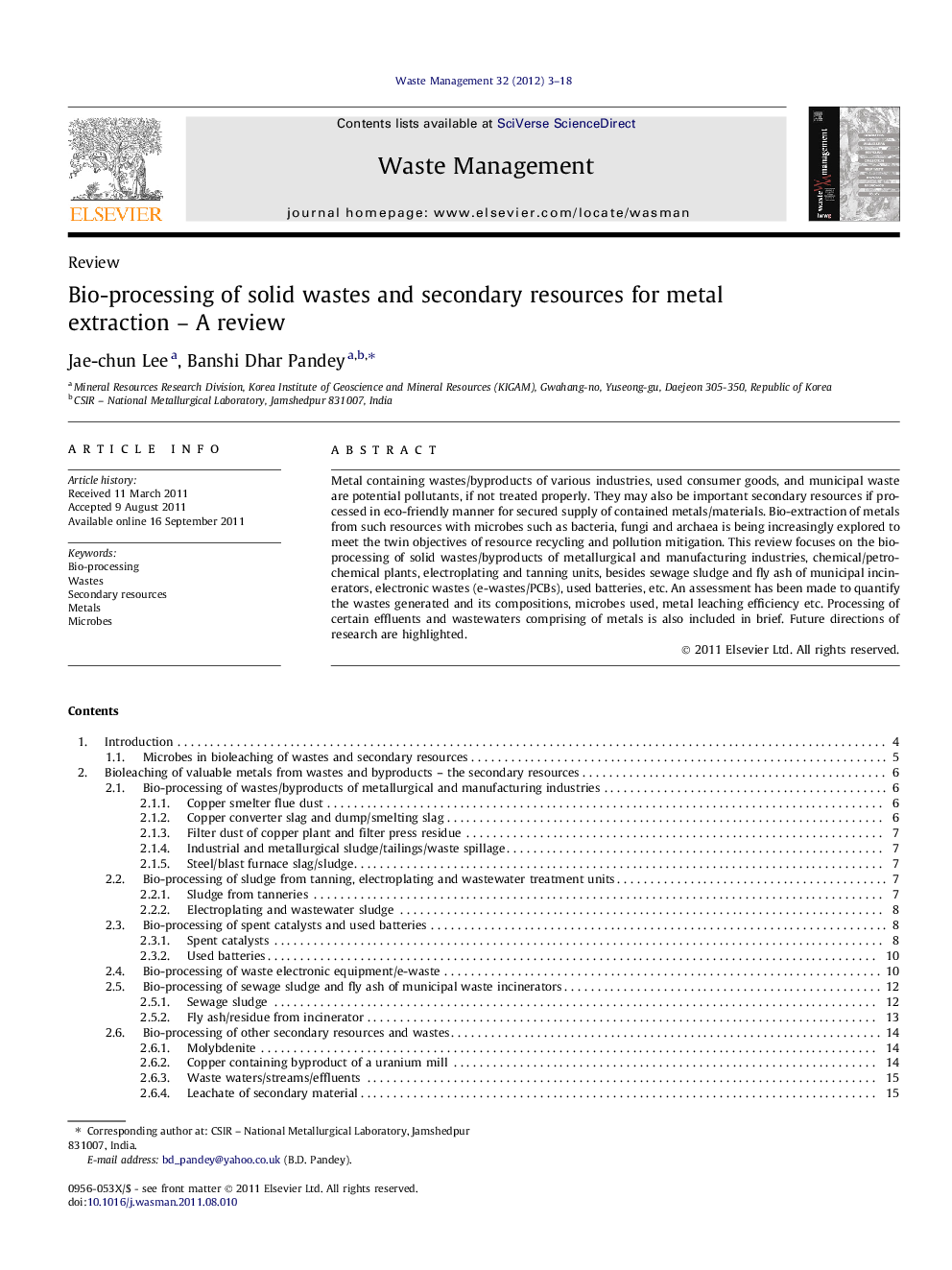 Bio-processing of solid wastes and secondary resources for metal extraction – A review