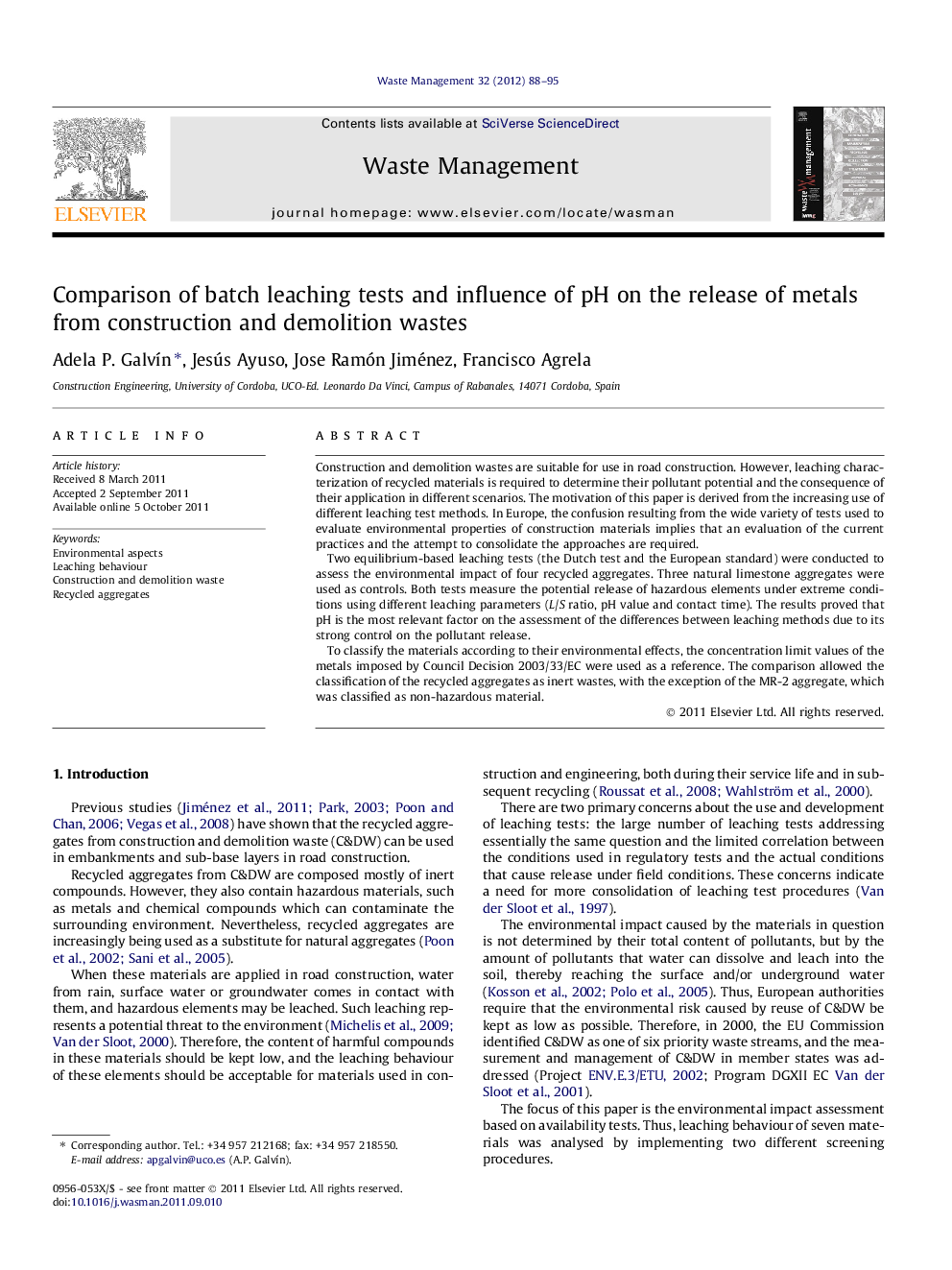 Comparison of batch leaching tests and influence of pH on the release of metals from construction and demolition wastes