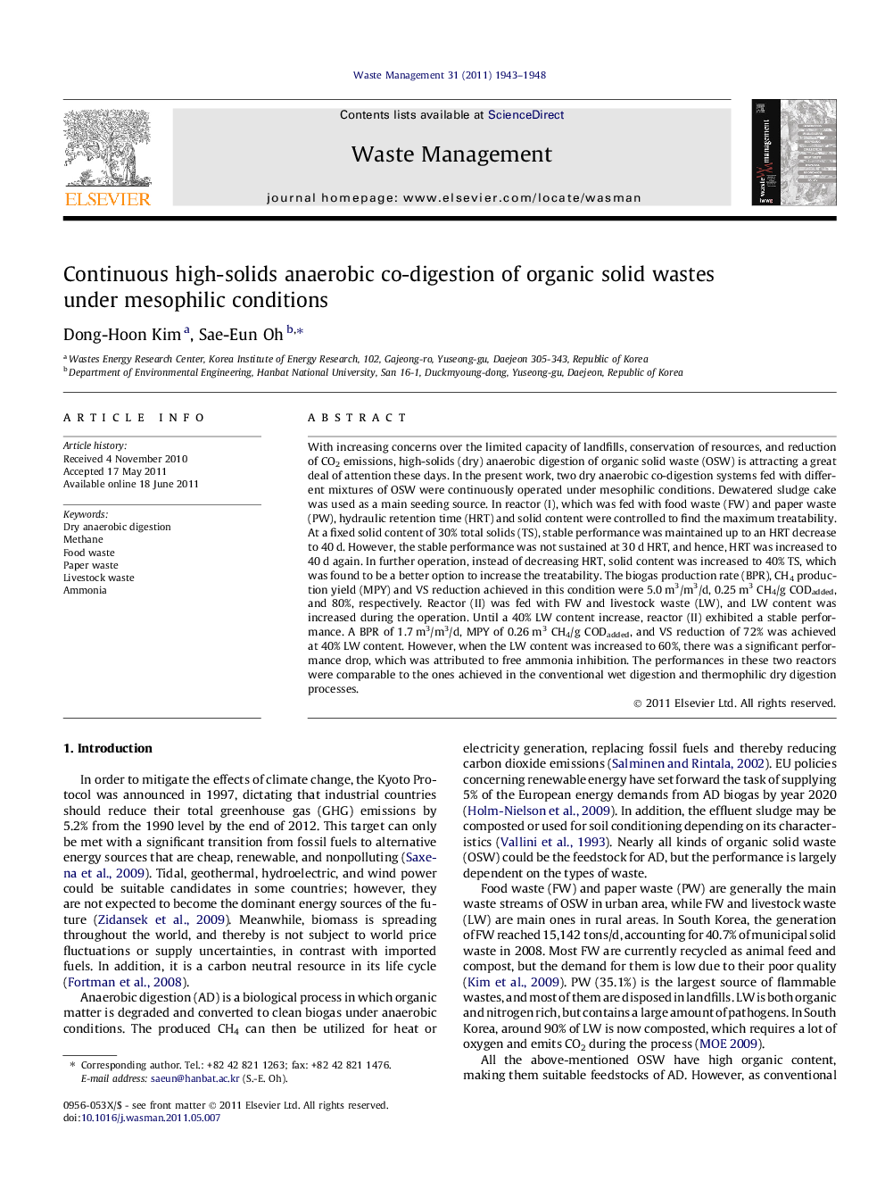 Continuous high-solids anaerobic co-digestion of organic solid wastes under mesophilic conditions