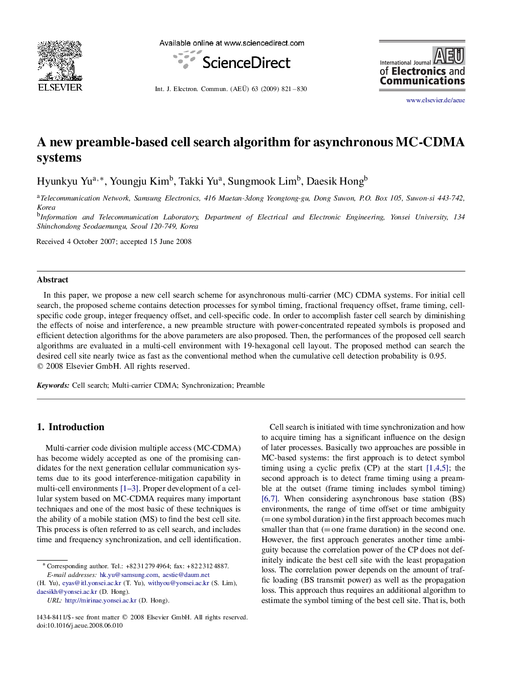 A new preamble-based cell search algorithm for asynchronous MC-CDMA systems